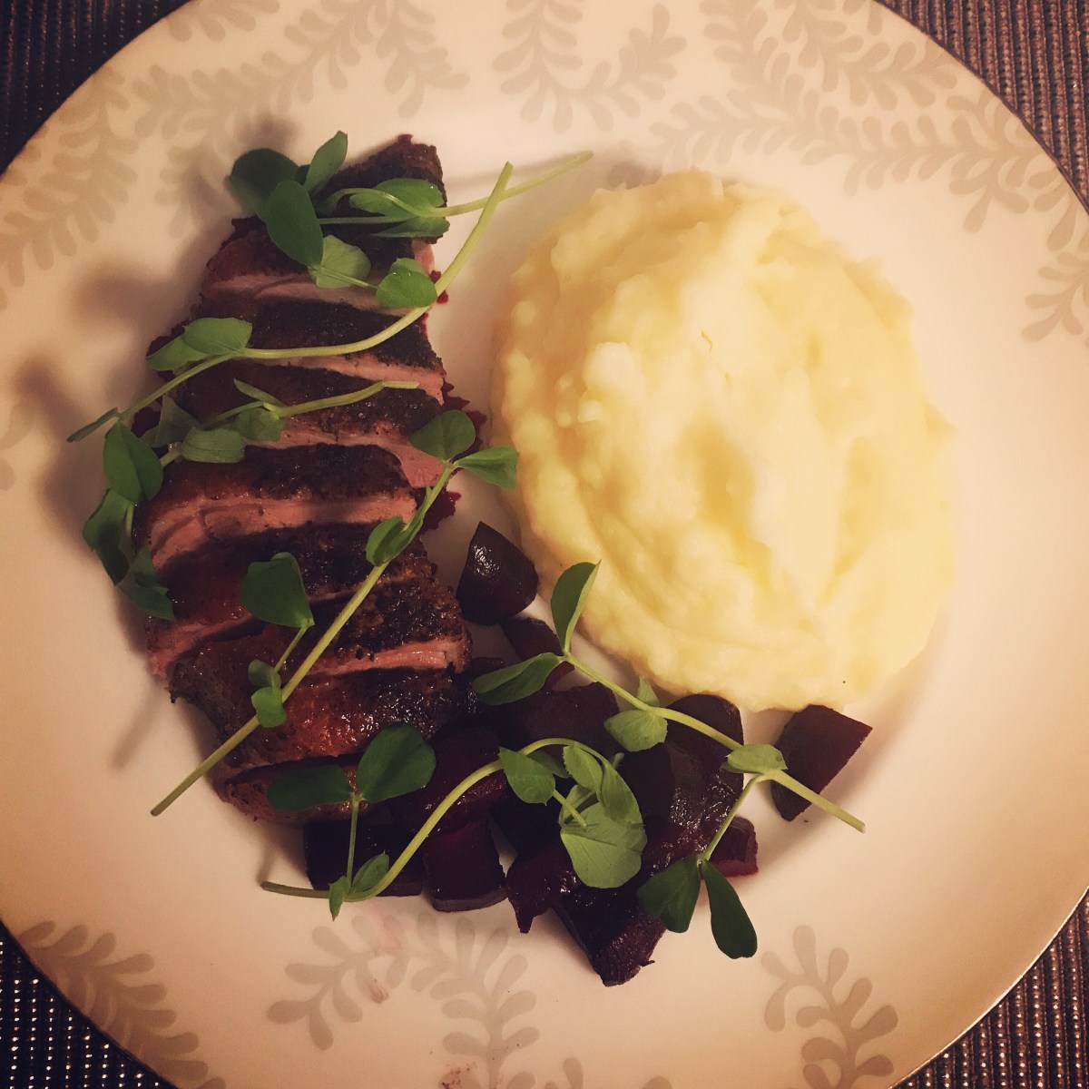 Pan seared, oven roasted duck breast with garlic potato mash and roasted&nbsp;beetroot