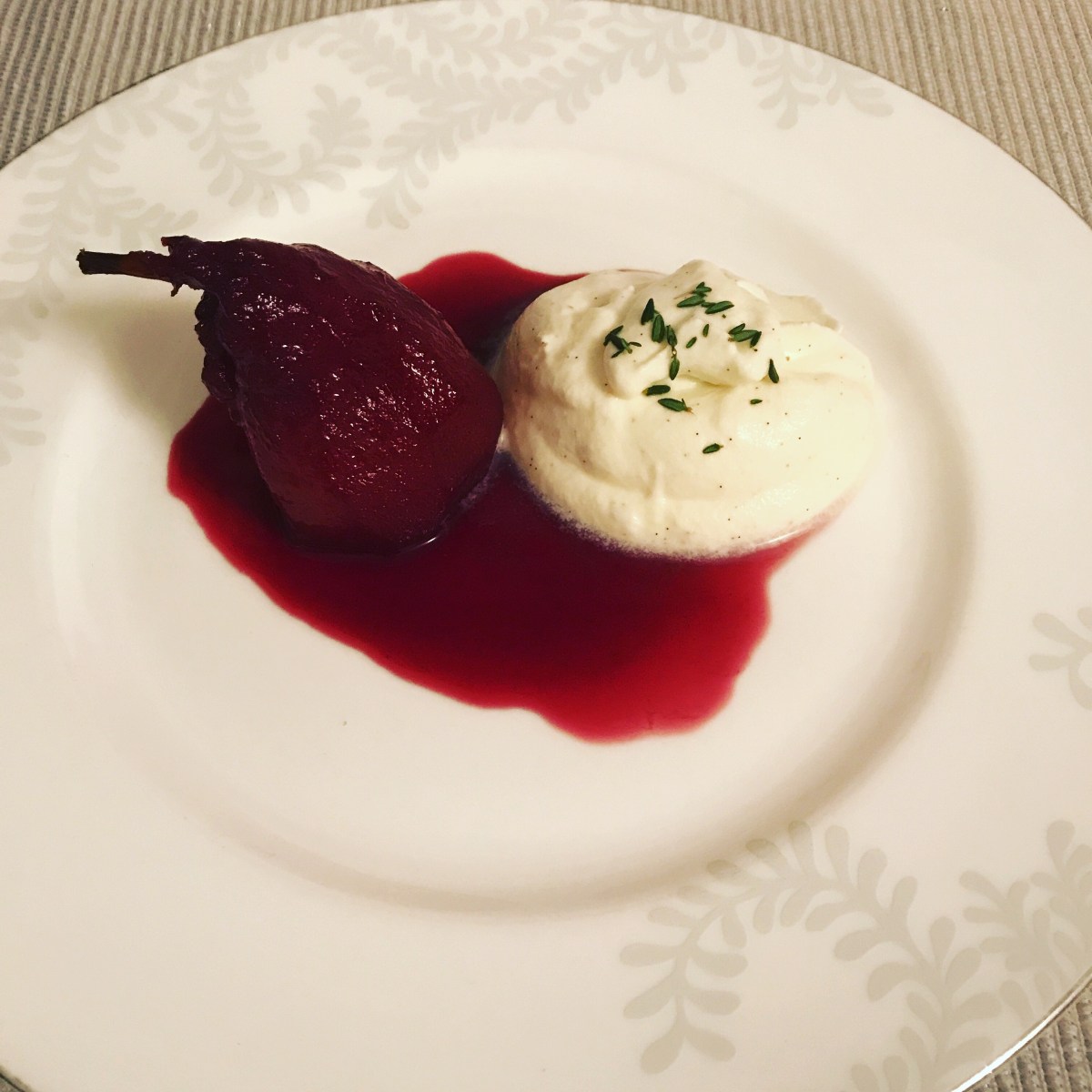 Poached pear with vanilla and mascarpone&nbsp;mousse